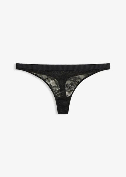 Stringi mini z miękką koronką. Czarne stringi bonprix, bez wzorów, z koronki. Za 32.99 zł.