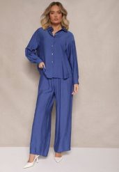 Niebieski Komplet z Wiskozy Koszula i Szerokie Spodnie Eleathia. Niebieskie koszule Renee, l, z aplikacjami, z wiskozy, eleganckie, bez kołnierzyka, bez ramiączek. Za 84.99 zł.