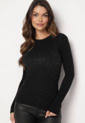 Czarny Sweter Prążkowany z Cyrkoniami Romivra. Czarne swetry Born2be, uniwersalny, bez wzorów, z jeansu, bez ramiączek. Za 44.99 zł.