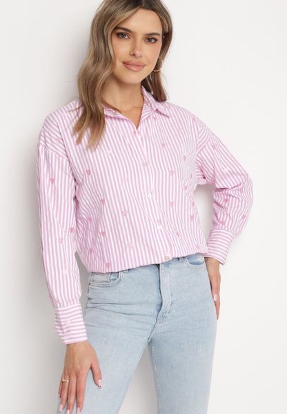 Różowa Bawełniana Koszula w Paski z Haftowanymi Sercami Larnieka. Czerwone koszule Born2be, l, bez wzorów, z bawełny, bez kołnierzyka, bez ramiączek. Za 79.99 zł.