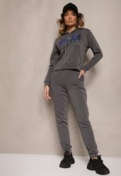 Ciemnoszary Ocieplany Komplet Dresowy Bawełniany Spodnie Joggery i Bluza Zdobiona Nadrukiem Filoira. Szare bluzy Renee, m, z aplikacjami, z bawełny, z kapturem. Za 89.99 zł.