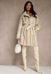 Jasnobeżowy Płaszcz Futerko z Paskiem z Imitacji Skóry i Klamrami przy Mankietach Charysha. Brązowe płaszcze Renee, l, bez wzorów, z futra, bez kaptura. Za 339.99 zł.