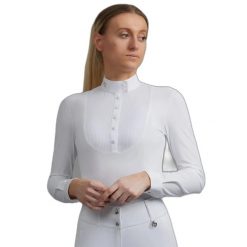 Koszula jeździecka konkursowa damska z długim rękawem Premier Equine Navarra. Białe koszule PREMIER EQUINE, s, bez wzorów, z tkaniny, eleganckie, bez kołnierzyka, bez ramiączek. Za 447.50 zł.