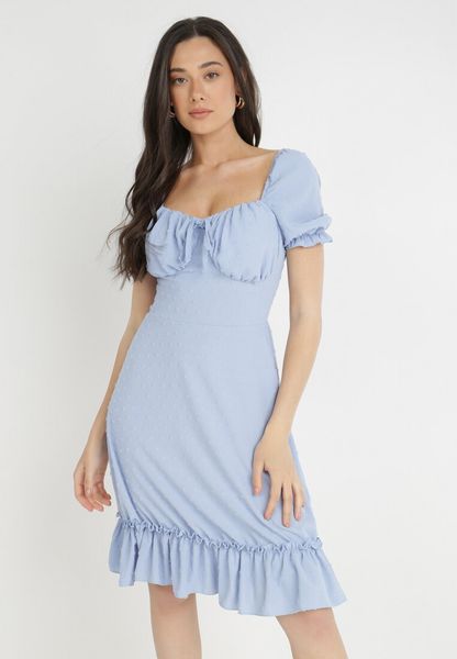 Niebieska Sukienka Andrelle. Niebieskie sukienki Born2be, na lato, bez wzorów, z tkaniny, bez kołnierzyka, bez ramiączek, mini, gorsetowe. Za 109.99 zł.