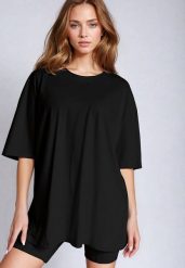 Czarny Bawełniany T-shirt Koszulka z Krótkim Rękawem Bevima. Czarne bluzki Born2be, bez wzorów, z bawełny, bez kołnierzyka, bez ramiączek. Za 59.99 zł.