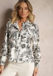 Biało-Czarna Wiskozowa Koszula w Kwiatowy Print z Bufiastymi Rękawami Hanistrae. Czarne koszule Renee, l, w ażurowe wzory, z jeansu, eleganckie, bez kołnierzyka, bez ramiączek. Za 79.99 zł.