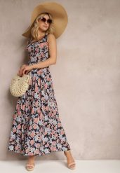 Granatowo-Różowa Kwiecista Sukienka Rozkloszowana z Bawełny na Ramiączkach Kalassia. Niebieskie sukienki Renee, na co dzień, l, bez wzorów, z bawełny, eleganckie, bez kołnierzyka, bez ramiączek, maxi, rozkloszowane. Za 59.99 zł.