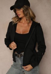 Czarna Bluza Rozpinana z Bawełną i Kapturem Ozdobiona Sznurkami Ivila. Czarne bluzy Renee, l, bez wzorów, z bawełny. Za 49.99 zł.