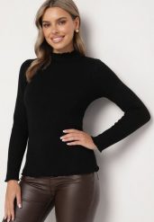 Czarny Sweter z Wełną i Ozdobną Falbanką przy Dekolcie Seanoria. Czarne swetry Born2be, l, z aplikacjami, z jeansu, bez ramiączek. Za 84.99 zł.