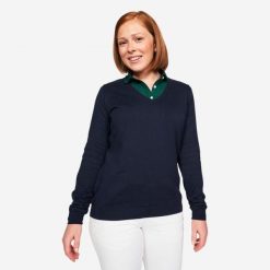 Sweter do golfa damski MW 100 dekolt w serek. Niebieskie golfy INESIS, l, bez wzorów, z bawełny, bez ramiączek. Za 69.99 zł.