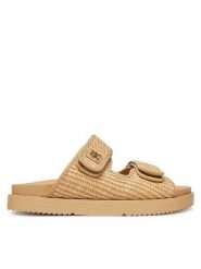Tommy Hilfiger Klapki Double Strap Raffia FW0FW08940 Beżowy. Brązowe klapki TOMMY HILFIGER, bez wzorów, z tworzywa sztucznego, bez obcasa. Za 399.99 zł.