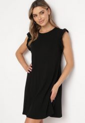 Czarna Letnia Sukienka Bawełniana z Falbankami Wokół Ramion Sasare. Czarne sukienki Born2be, na lato, l, bez wzorów, z bawełny, bez kołnierzyka, bez ramiączek, mini, trapezowe. Za 49.99 zł.