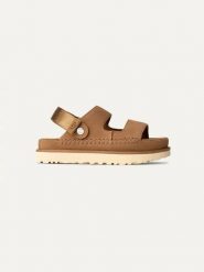 UGG Skórzane sandały "Golden Glide" w kolorze jasnobrązowym rozmiar: 39. Brązowe sandały UGG, bez wzorów, ze skóry, klasyczne, z otwartym noskiem, bez obcasa, bez zapięcia. Za 550.36 zł.