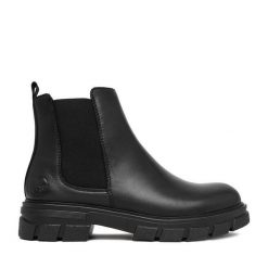 Botki Rieker. Czarne botki Rieker, bez wzorów, bez obcasa, na płaskiej podeszwie, bez zapięcia. Za 419.99 zł.