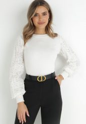 Biały Sweter z Bufiastym Ażurowym Rękawem Cayemi. Białe swetry Born2be, z aplikacjami, z dzianiny, bez ramiączek. Za 139.99 zł.