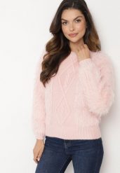 Różowy Sweter z Wełną o Wzorzystym Splocie z Ozdobną Fakturą Mirilena. Czerwone swetry Born2be, s, bez wzorów, z wełny, bez ramiączek. Za 64.99 zł.