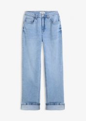 Jeansy o luźnym kroju, wysoki stan, prosta nogawka. Niebieskie jeansy bonprix, bez wzorów, z podwyższonym stanem. Za 149.99 zł.