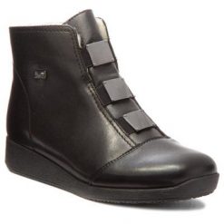 RIEKER 94082-00 Czarny. Czarne botki Rieker, bez wzorów, ze skóry, bez obcasa, bez zapięcia. Za 329.99 zł.