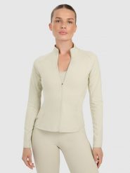4F Bluza treningowa slim szybkoschnąca damska - beżowa L. Brązowe bluzy 4f, l, bez wzorów, z materiału, bez kaptura. Za 179.99 zł.