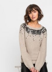 Sweter z kolorowymi cekinami. Szare swetry bonprix, bez wzorów, bez ramiączek. Za 149.99 zł.