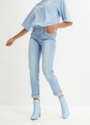Dżinsy ze stretchem, straight, mid waist. Niebieskie jeansy bonprix, bez wzorów. Za 109.99 zł.