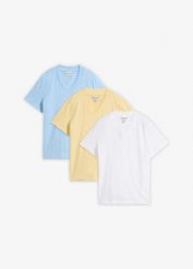 T-shirt z dekoltem w serek, z czystej bawełny organicznej, 3 szt. Niebieskie t-shirty bonprix, uniwersalny, bez wzorów, z bawełny, bez kołnierzyka, bez ramiączek. Za 97.99 zł.