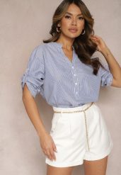 Granatowo-Biała Koszula z Bawełny o Luźnym Kroju w Paski z Guziczkami Konolla. Niebieskie koszule Renee, l, bez wzorów, z bawełny, eleganckie, bez kołnierzyka, bez ramiączek. Za 44.99 zł.