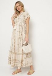 Beżowa Bawełniana Sukienka w Boho Print Rozkloszowana z Metalicznymi Haftami i Frędzlami Divilea. Brązowe sukienki Born2be, na co dzień, l, bez wzorów, z bawełny, boho, bez kołnierzyka, bez ramiączek, maxi, rozkloszowane. Za 189.99 zł.