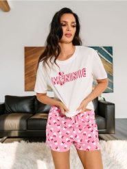 Piżama Myszka Minnie - kremowy. Białe piżamy Sinsay, bez wzorów, z bawełny, bez ramiączek. Za 49.99 zł.
