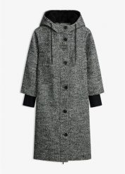 Płaszcz z materiału w optyce tweedu, z mankietami z dzianiny. Czarne płaszcze bonprix, bez wzorów, z dzianiny, bez kaptura. Za 349.99 zł.