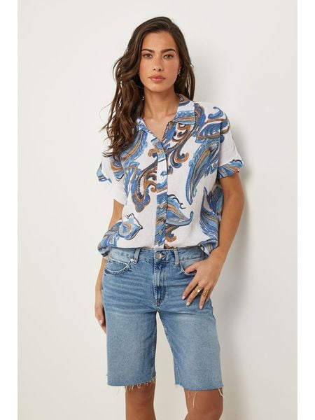 Le Monde du Lin Lniana bluzka w kolorze biało-niebieskim rozmiar: 34/36. Białe bluzki Le Monde du Lin, bez wzorów, ze lnu, klasyczne, bez kołnierzyka, bez ramiączek. Za 140.95 zł.