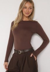 Brązowa Bluzka Typu Longsleeve Lisfia. Brązowe bluzki Born2be, m, bez wzorów, z bawełny, biznesowe, bez kołnierzyka, bez ramiączek. Za 59.99 zł.