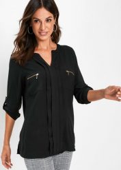 Bluzka tunikowa. Czarne bluzki bonprix, bez wzorów, eleganckie, bez kołnierzyka, bez ramiączek. Za 119.99 zł.