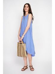 Le Jardin du Lin Lniana sukienka w kolorze błękitnym rozmiar: 38. Niebieskie sukienki Le jardin du lin, bez wzorów, ze lnu, z asymetrycznym kołnierzem, bez ramiączek, midi, asymetryczne. Za 130.99 zł.