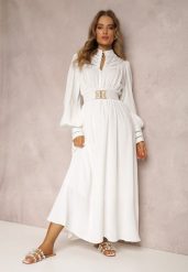Biała Sukienka z Paskiem Elothoe. Białe sukienki Renee, na randkę, l, bez wzorów, z koronki, vintage, bez kołnierzyka, bez ramiączek, maxi. Za 209.99 zł.
