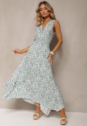 Miętowa Bawełniana Sukienka z Gumką w Pasie Kopertowym Dekoltem w Kwiaty Anelette. Zielone sukienki Renee, na co dzień, m, bez wzorów, z bawełny, eleganckie, bez kołnierzyka, bez ramiączek, maxi, kopertowe. Za 44.99 zł.