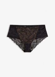 Figi z wysokim stanem z delikatnej koronki. Czarne figi bonprix, bez wzorów, z koronki. Za 39.99 zł.