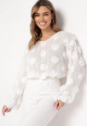 Biała Ażurowa Bluzka w Kwiaty i Perły Zarora. Białe bluzki Born2be, w ażurowe wzory, z tkaniny, eleganckie, bez kołnierzyka, bez ramiączek. Za 129.99 zł.