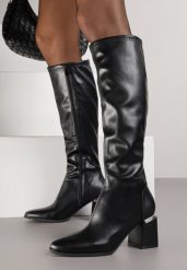Czarne Eleganckie Kozaki VICES na Słupku Zdobionym Metaliczną Wstawką Ranitta. Czarne kozaki Born2be, z jeansu, bez obcasa, na obcasie, bez zapięcia. Za 149.99 zł.