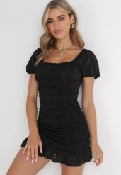 Czarna Ażurowa Sukienka Mini z Kwadratowym Dekoltem i Falbankami z Bawełny Michala. Czarne sukienki Born2be, l, w ażurowe wzory, z bawełny, eleganckie, bez kołnierzyka, bez ramiączek, mini. Za 119.99 zł.