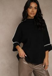 Czarny Sweter Ozdobiony Lamówką na Rękawach Tusenna. Czarne swetry Renee, bez wzorów, z jeansu, bez ramiączek. Za 89.99 zł.