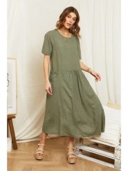 Rodier Lin Lniana sukienka w kolorze oliwkowym rozmiar: M/L. Brązowe sukienki Rodier Lin, na co dzień, l, bez wzorów, ze lnu, bez kołnierzyka, bez ramiączek, maxi, proste. Za 206.42 zł.