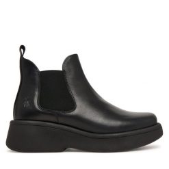 Sztyblety Fly London. Czarne botki Fly London, bez wzorów, bez obcasa, na płaskiej podeszwie, bez zapięcia. Za 639.99 zł.