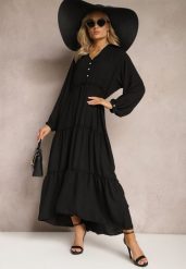 Czarna Rozkloszowana Sukienka Maxi z Falbankami i Kołnierzykiem Rehtima. Czarne sukienki Renee, l, bez wzorów, bez kołnierzyka, bez ramiączek, maxi, rozkloszowane. Za 69.99 zł.