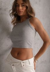 Szary Top na Ramiączkach Basic Prążkowany Zitira. Szare topy Renee, m, bez wzorów, z jeansu, bez kołnierzyka, bez ramiączek. Za 29.99 zł.