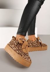 Brązowe Sneakersy Vices Stylizowane na Śniegowce w Panterkę na Platformie Obszyte Futerkiem Naleris. Brązowe trapery i śniegowce Renee, z futra. Za 84.99 zł.