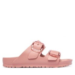Klapki Birkenstock. Czerwone klapki Birkenstock, bez wzorów, bez obcasa. Za 299.99 zł.
