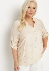 Beżowa Wiskozowa Koszula z Metaliczną Nicią i Haftami w Gwiazdki Xarbia. Brązowe koszule Born2be, xl, bez wzorów, z jeansu, eleganckie, bez kołnierzyka, bez ramiączek. Za 84.99 zł.