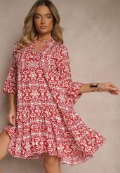 Czerwona Rozkloszowna Sukienka z Bawełny w Ornamentalny Wzór z Falbaną Lanariella. Czerwone sukienki Renee, l, bez wzorów, z bawełny, bez kołnierzyka, bez ramiączek, mini, rozkloszowane. Za 44.99 zł.