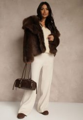 Jasnobeżowe Szerokie Spodnie Dzianinowe Ozdobione Sznurkami Meretusa. Brązowe spodnie materiałowe Renee, do pracy, l, bez wzorów, z dzianiny, z podwyższonym stanem. Za 99.99 zł.